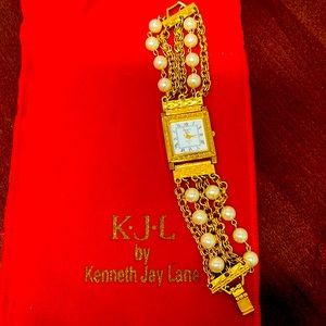 K.J.L by Kenneth Jay Lane Watch, Gold tone, faux pearls. Need Battery.